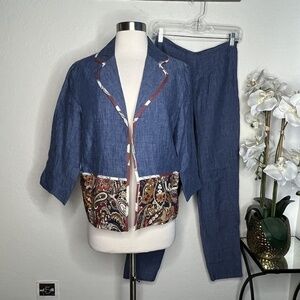 Vintage Silk Club Collection Open 100% Linen Jacket pants set 4